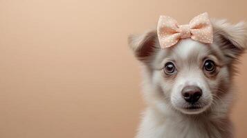 A playful puppy adorned with a sparkling bow captures hearts with its innocent gaze photo