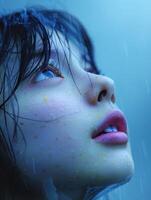 A close-up portrait of a womans face in the rain photo