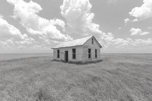 Abandoned Farmhouse Stands Alone Near Ocean Under Cloudy Sky photo
