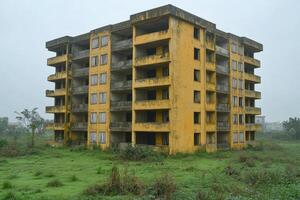 Abandoned Yellow Building Overgrown With Vegetation photo