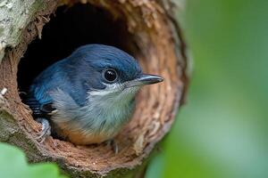A blue bird peering from its tree hole nest photo