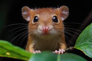 Adorable Chestnut Mouse Peeking From Lush Green Leaves photo