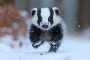 Adorable Badger Cub Running Through Winter Snow photo