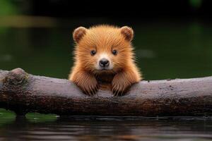 Adorable Red Cub Perched on a Waterlogged Log photo