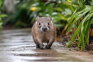 A small rodent walks on a wet path photo