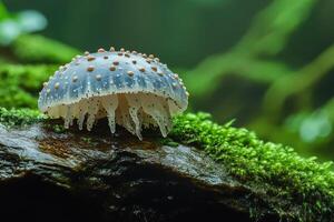 A Tiny Mushroom Grows On Mossy Wood photo