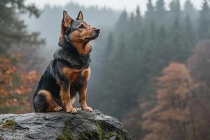 A Tricolor Dog Sits on a Rock in a Misty Forest photo