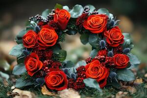 A vibrant red rose wreath adorned with berries and thistle photo