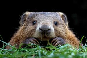 A young woodchuck sits in the grass photo