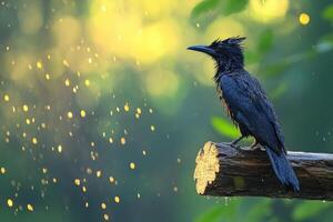 Black Bird Perched On A Log In Rain photo