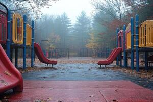 Empty playground shrouded in autumn mist and fallen leaves photo