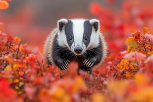 European Badger Cub Amidst Autumn Foliage photo