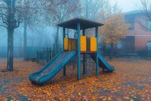 Foggy Autumn Playground Scene With Slides And Fallen Leaves photo