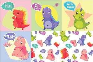 Set of drawings of cute dinosaur characters, seamless pattern vector