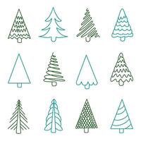 Set of hand drawn abstract linear Christmas trees. Green and blue decorative Christmas trees vector