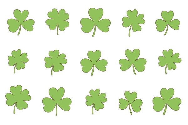 Lucky four, three clovers, shamrock, icon, hand drawn style, illustration, set. St. Patrick's Day, symbol, collection. Luck and happiness, floral ornament in doodle style.