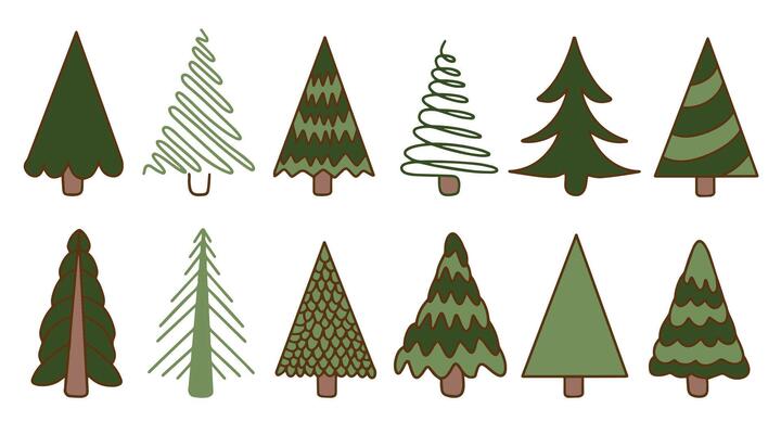 Set of hand drawn linear Christmas trees. Modern doodle style Christmas trees. Perfect for holiday greeting cards, packaging, decor. .