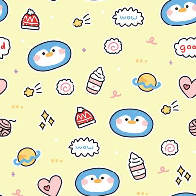 Seamless pattern of cute penguin face with tiny icon pastel background.Star,coffee,planet,heart hand drawn.Animal character cartoon.Kawaii.Illustration.