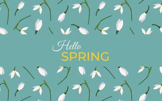 Hello Spring snowdrops background with place for text. Early spring flowers. Botanical modern style. Great for greeting cards, banners, flyers, birthday and mom's day greetings. . vector