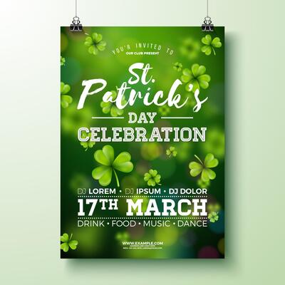 Saint Patrick's Day Party Flyer Illustration with Falling Clover Leaves on Irish Green Background. Traditional St. Patricks Day Lucky Celebration Design for Flyer, Greeting Card, Web Banner