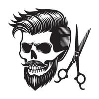 Skull with Styled Hair and Barber Tools - Edgy Grooming Design vector