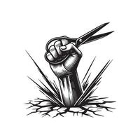 Hand Holding Scissors Breaking Through - Bold Barber Design vector