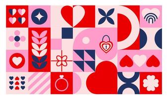 Valentines Day background with colorful abstract geometric shapes. Red, pink, blue and beige colors vector
