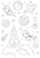 Coloring page with two corella parrots astronauts, rocket, moon and stars. template for children coloring book, print and poster. vector