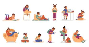 Different children reading paper books flat illustrations set isolated on white. vector