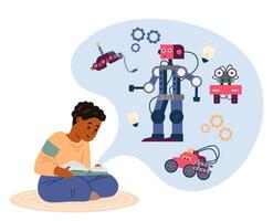 African American boy reading paper book about mechanics and robotics flat illustration isolated on white. vector