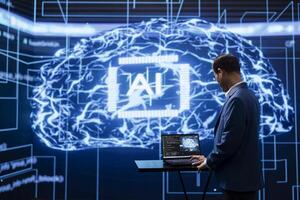 Programmer running AI cognitive computing tech on laptop to simulate human thought processes in computerized model. Indian man typing code on notebook, using self learning algorithms to do data mining photo