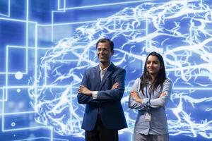 Portrait of employees working with AI machine learning algorithms. Admins using artificial intelligence computing simulating human brain thought processes in computerized model photo