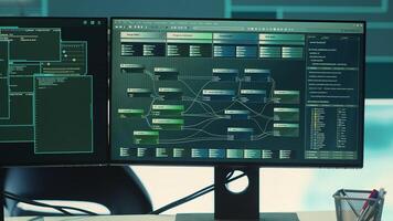 Cyber security monitoring room with high tech equipment. Governmental focus on cyber operations, cyber surveillance, and digital threats protection in an empty command workspace. Camera A. photo