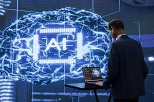 Startup employee looking over lines of code, using AI software to take data driven decisions in tech industry. IT specialist developing innovative artificial intelligence solutions for company photo