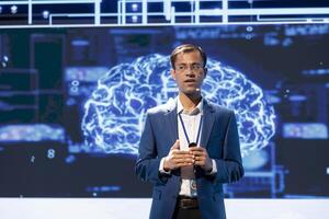 CEO presenting how AI technologies can bring increased productivity and innovation in business sector during conference. Businessman talking about implementation of AI driven solutions photo