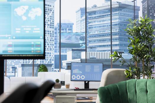 In a professional boardroom, computer screen showcases business data and statistics, aiding executives in strategy planning. Empty office space for meeting to help with workflow optimization. photo