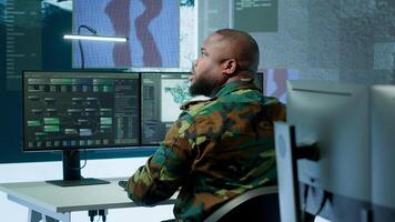 High tech military office with soldiers analyzing real time data, processing intelligence information and coordinating strategic operations to support army field missions effectively. Camera A. photo