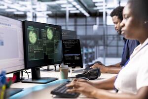 Cybersecurity specialist monitoring security incidents affecting server hub network. Programmer in data center office protecting company critical infrastructure from cyber threats photo