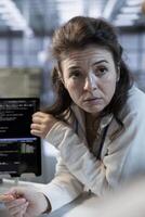 Technician using tablet to implement cybersecurity measures to protect data center assets. Woman in server hub monitoring and analyzing metrics with device to enhance operational effectiveness photo