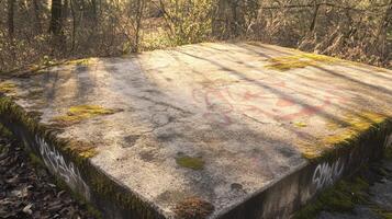 Moss-covered concrete slab in sunlit forest with graffiti marks photo
