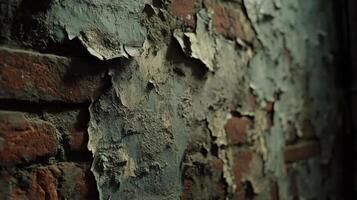 Weathered brick wall with peeling paint highlighting urban decay and texture photo