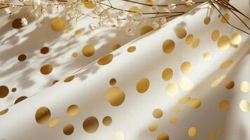 Golden polka dot pattern on luxurious fabric with dried flowers design photo
