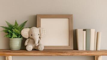 Wooden shelf with potted fern, plush elephant toy, books, and empty frame photo