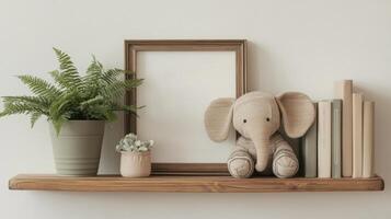 Cozy wooden shelf featuring elephant toy with frame and books in nursery decor photo