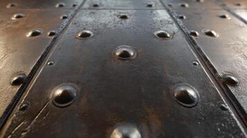 Close-up of weathered metal surface with rivets and rust texture for industrial theme photo