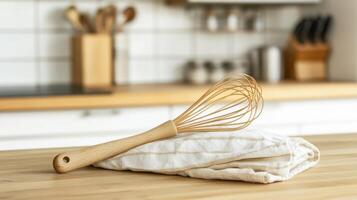 Wooden kitchen whisk resting on folded towel in modern kitchen setting photo