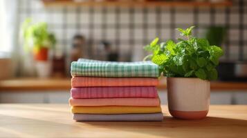Stack of colorful kitchen towels with potted mint plant on wooden counter photo