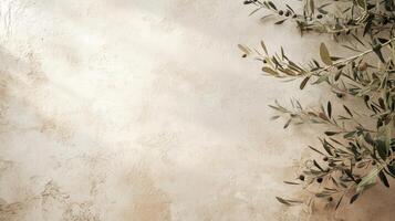 Olive branches casting shadows on a light textured wall surface in natural light photo