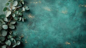 Eucalyptus leaves on teal background with gold accents for natural design photo