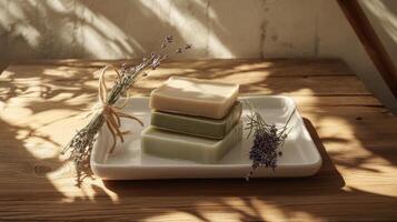 Elegant stack of natural soap bars with lavender on wooden surface in sunlight photo